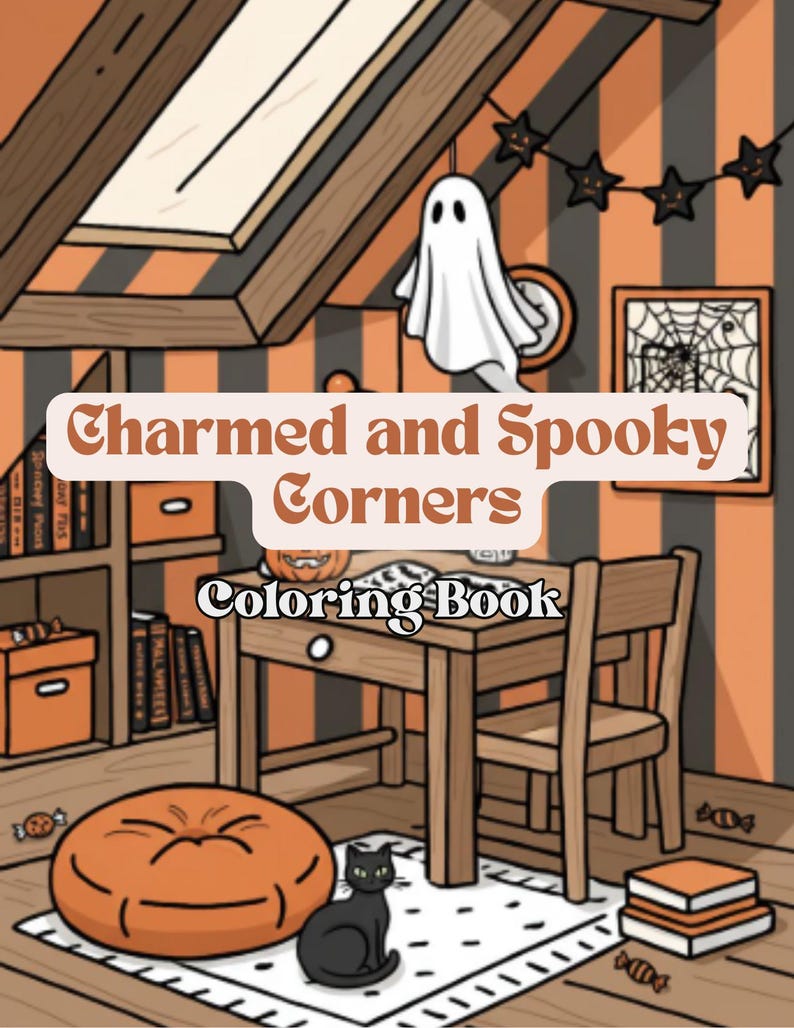 May include: Illustration of a room decorated for Halloween, featuring a table, chair, and a black cat. The text "Charmed and Spooky Corners Coloring Book" is displayed. The room has orange and black striped walls, a ghost decoration, and a pumpkin-shaped cushion.