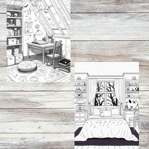 May include: Two black and white illustrations of rooms. One shows a desk with a chair, bookshelf, and a rug with pumpkins. The other shows a bedroom with a bed, nightstands, and a window with a tree view.