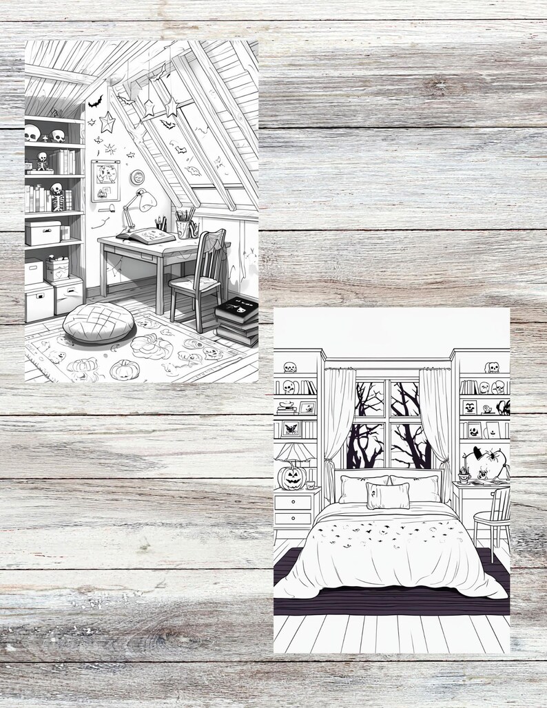 May include: Two black and white illustrations of rooms. One shows a desk with a chair, bookshelf, and a rug with pumpkins. The other shows a bedroom with a bed, nightstands, and a window with a tree view.