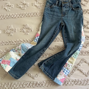 Girls Patchwork Flare Jeans | Upcycled Denim with Quilt Fabric | Boho Bell Bottoms