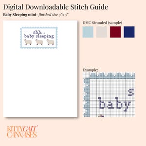 Puede incluir: Guía de punto de cruz digital descargable con temática de bebé. El diseño presenta el texto "shh... baby sleeping" con tres ovejas. Tamaño final: 7,6 cm x 12,7 cm. Incluye muestras de color DMC y un ejemplo.