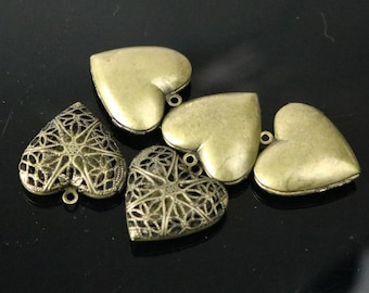 Vintage Brass Heart Lockets, Filigree Detail (Set 5, 25mm)