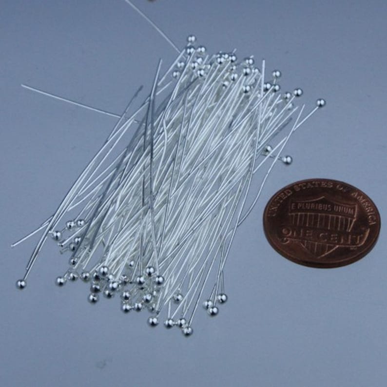 100 Silver Plated Ball headpins Head Pins 2 inches 50mm, 24 Gauge 24G 1.8mm image 2