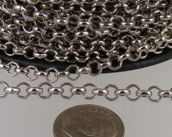 Rhodium Plated Rolo Chain: 4.7mm Unsoldered Cable Links 50 feet - Bulk Spool - 4.7ROLO