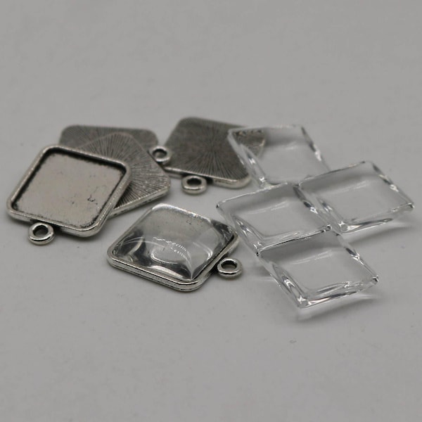 Antique Silver Plated Square Bezel with Glass Cabochons (5 Sets)