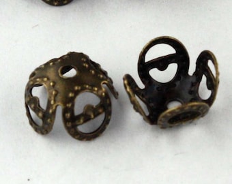 100 Bead Caps - 8mm Width - Antique Brass Plated Filigree Leaf Flower Beads Cap