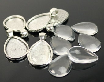 Pendentif BEZELS avec GLASS Magnifying Tear Drop Domes Cabochon - 5 sets 10 pcs - 18x25mm 3/4x1 inch Antique Silver Bezel and Glass Cabochon