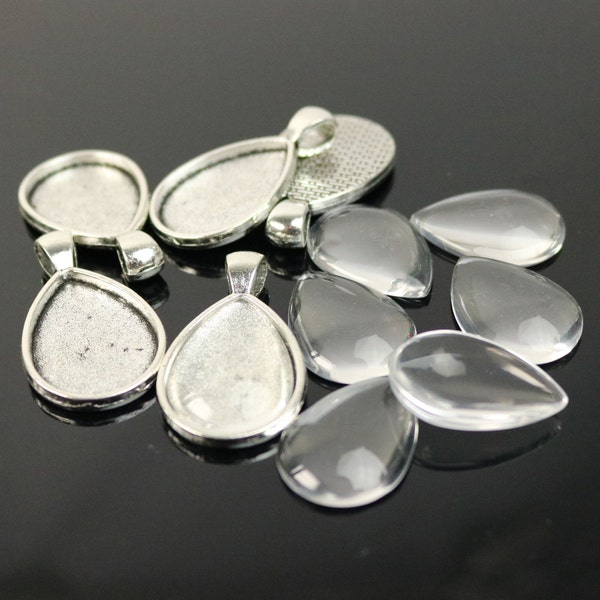 Pendant BEZELS with GLASS Magnifying Tear Drop Domes Cabochon - 5 sets 10 pcs  - 18x25mm 3/4x1 inch Antique Silver Bezel and Glass Cabochon