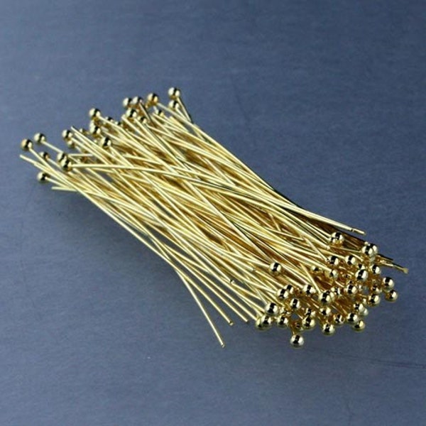 300 Gold Plated Ball headpins Head Pins - 2 inches (50mm), 24 Gauge 24G 1.8mm  Hard Body