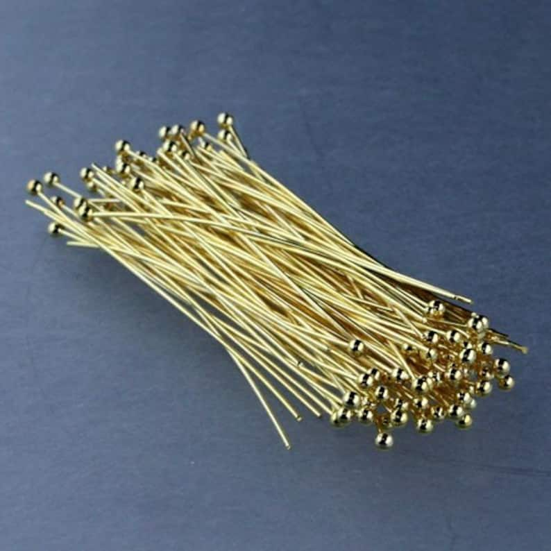 300 Gold Plated Ball headpins Head Pins 2 inches 50mm, 24 Gauge 24G 1.8mm Hard Body image 1