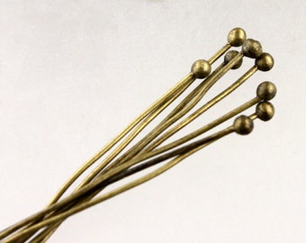 100 pcs Antique Brass Ball headpins Bronze - 2 inch (50mm), 22 Gauge 22G 1.8mm Ball - from California USA