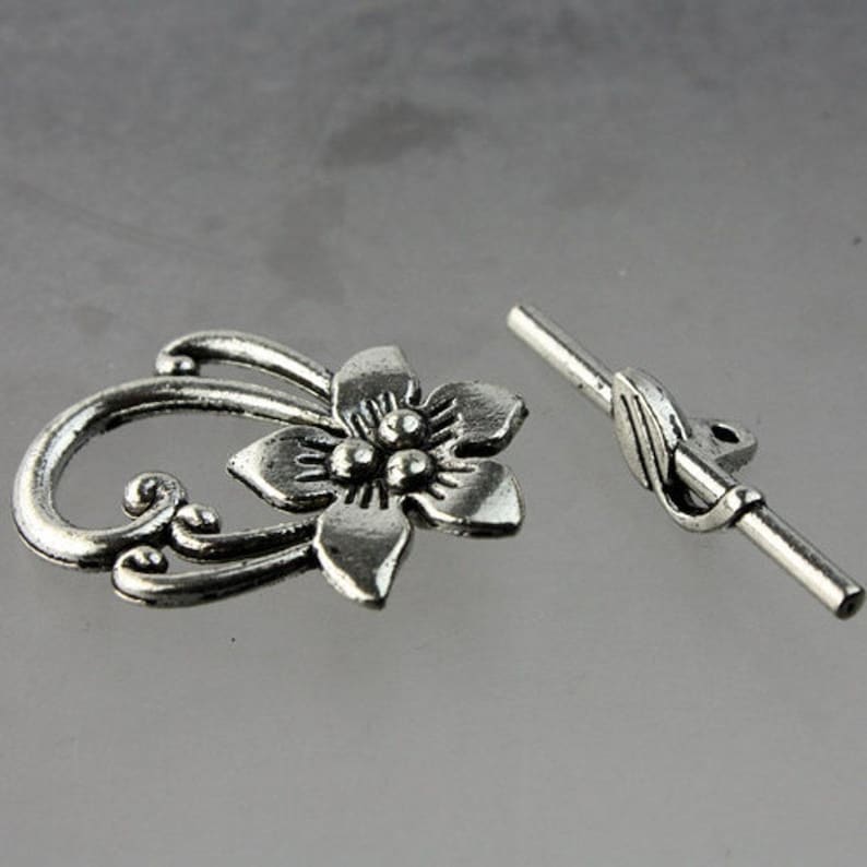 sets Antique Silver Plated Flower Sturdy Toggle Clasps 10 pcs - Bulk Pack image 1