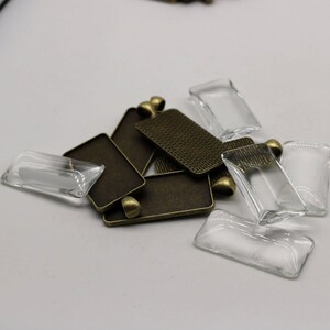 Antique Brass Finish Rectangular Bezel with Glass Magnifying Cabochons (5 Sets)