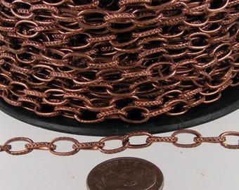 Antique Copper Plated Finish Cable Chain: Textured Iron Link (9x4.5mm) Unsoldered 32 feet - Bulk Spool - 945TEX