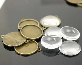 Antique Brass Finish Pendant Bezel with Glass Cabochon (20mm, 5 Sets)
