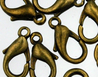 100 pcs of Antique Brass Lobster Clasp - 12mm - 12x7mm Antique Bronze Parrot Clasps Lobster Claw Clasp - Ship From California USA