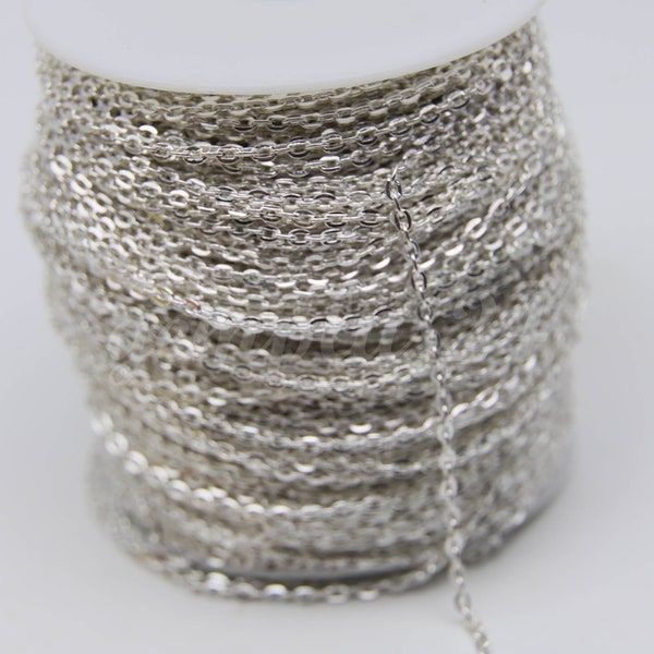 ATC Anti-Tarnishing Coating Sterling Silver Plated  Flat Cable Chain bulk, 3/10/32/50 Feet of UNSOLDERED Link - 3x2.2mm Unsoldered - ATC322