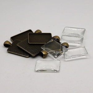 Antique Brass Finish Rectangular Bezel with Glass Cabochons (5 Sets)