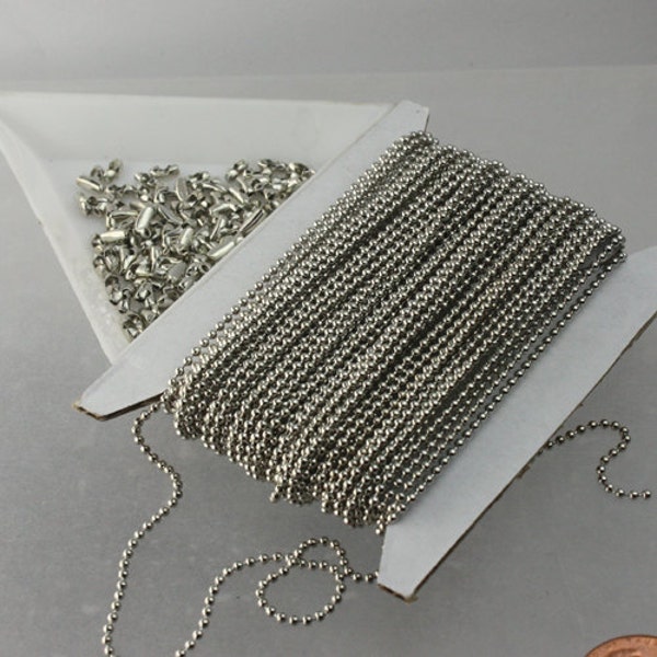 32 ft. spool of Rhodium Plated ROUND ball chain - 1.5mm ball size with 10 pcs of Connectors(Insert type) - 15BALL