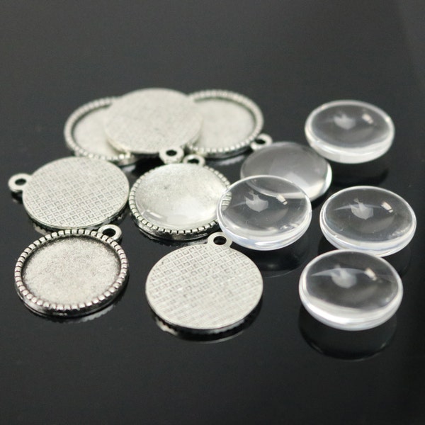 Pendant BEZELS with GLASS Magnifying Domes Cabochon - 5 sets 10 pcs  - 16mm 5/8 inch Antique Silver Bezel and Circle Domed Glass Cabochon