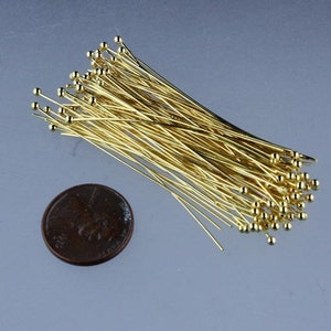 300 Gold Plated Ball headpins Head Pins 2 inches 50mm, 24 Gauge 24G 1.8mm Hard Body image 2