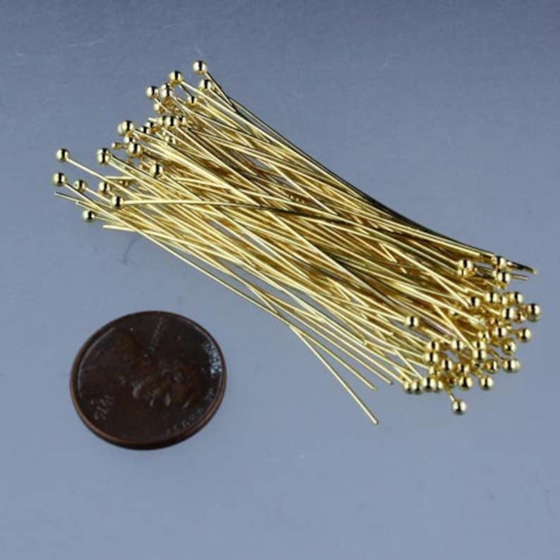 300 Gold Plated Ball headpins Head Pins 2 inches 50mm, 24 Gauge 24G 1.8mm Hard Body image 2