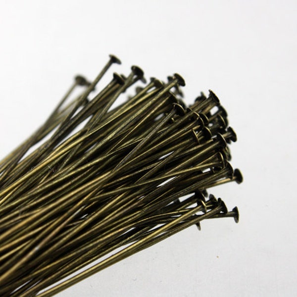 Bulk/FingerPick 300 pcs of Antique Brass FLAT headpins Bronze Flat Head Pins T Pins - 2 inch (50mm) 22Gauge 22G - TPIN-22G-50