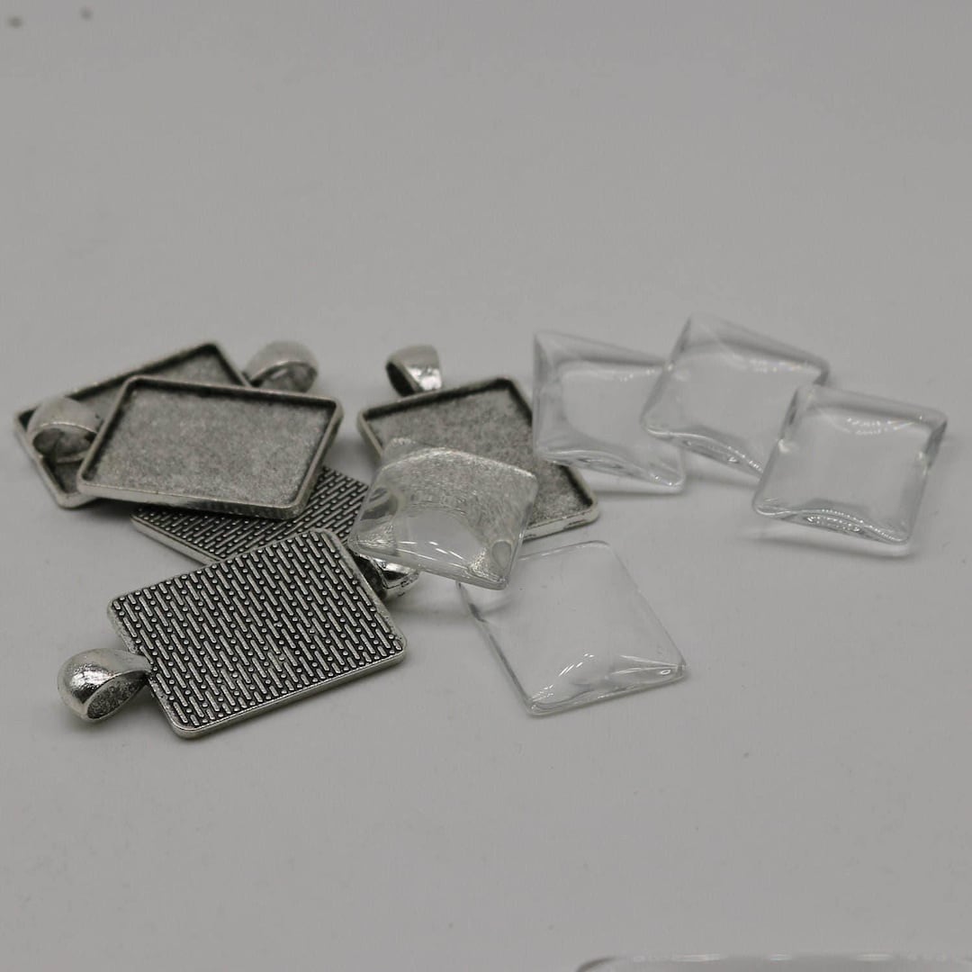 Antique Silver Plated Rectangular Bezel With Glass Cabochon (5 Sets) - Etsy