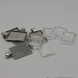 Antique Silver Plated Rectangular Bezel with Glass Cabochon (5 Sets)