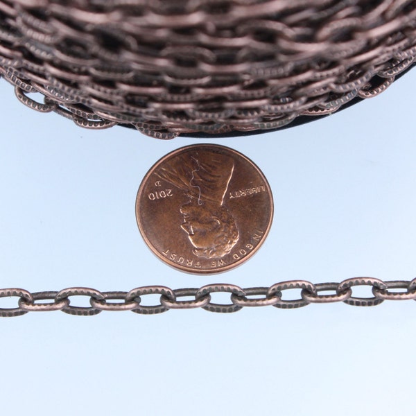 Antique Copper Texture Chain Bulk, 32 ft. of Flat Texture Oval Chunky Cable Chain - 7.2x4.2mm Unsoldered - 7242TX