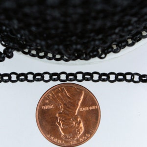 May include: Black chain link necklace, next to a US penny for size comparison.