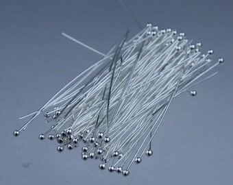 100 Silver Plated Ball headpins Head Pins - 2 inches (50mm), 24 Gauge 24G 1.8mm