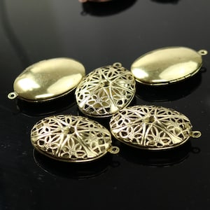 Antique Gold Plated Oval Lockets - Filigree Brass Pendants Set 5