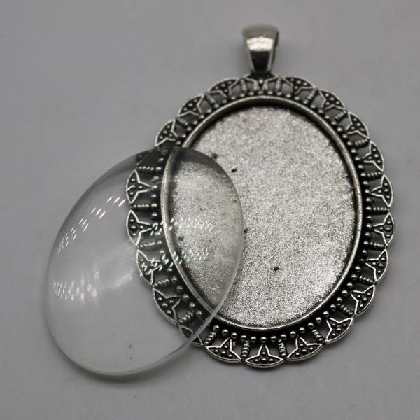 Anhänger BEZELS mit GlasVergrößerung OVAL Kuppeln Cabochon - 5 Sätze 10 Stück - für 30x40mm Cabochon - Antik Silber Lünette und Glas Cabochon