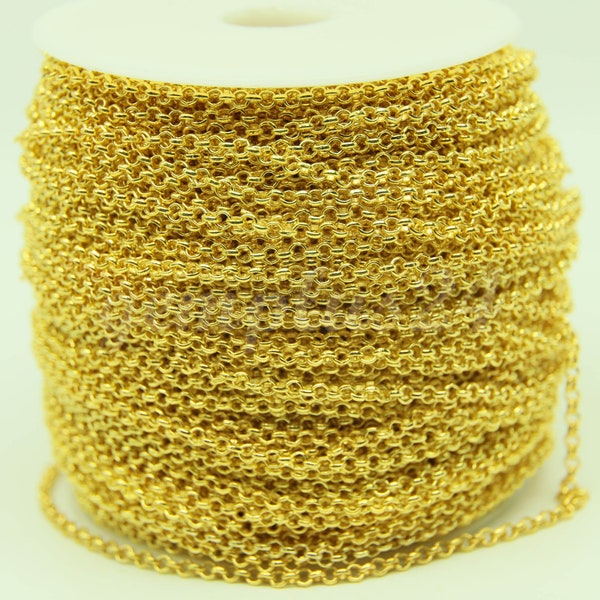 ATC Anti-Tarnishing Coating 24K Deep Gold Plated ROLO Chain bulk, 3/10/32/50 Feet of SOLDERED Rolo Chain - 3.1mm Links - ATC3.1BL