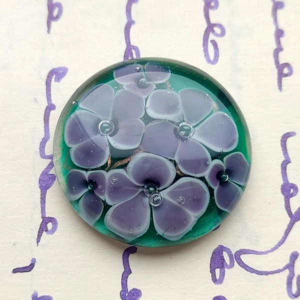 Floral Green Cabochon Purple flowers Lampwork Glass Cabochon Craft Supplies Jewelry Supply Jewellery Making for Pendant for Ring for Brooch