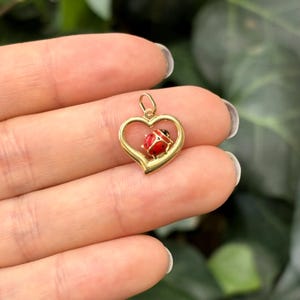 14k Gold Red Ladybug Heart Pendant Charm