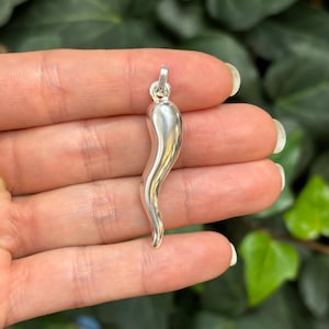 Sterling Silver Italian Horn Corno Pendant 3D 41mm