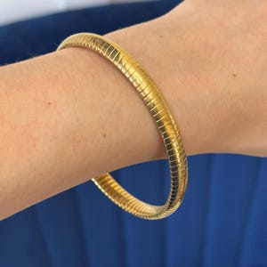 Puede incluir: Un brazalete de cadena de serpiente de color dorado. El brazalete está hecho de una serie de pequeños eslabones entrelazados que crean un diseño liso y flexible.