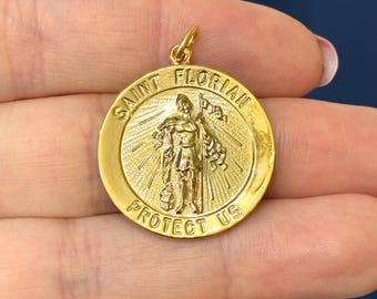 Sterling Silver 24k Gold-plated St Florian Round Medal Charm Pendant