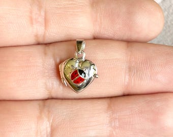 Sterling Silver Red Enamel Ladybug Heart Locket Pendant Charm