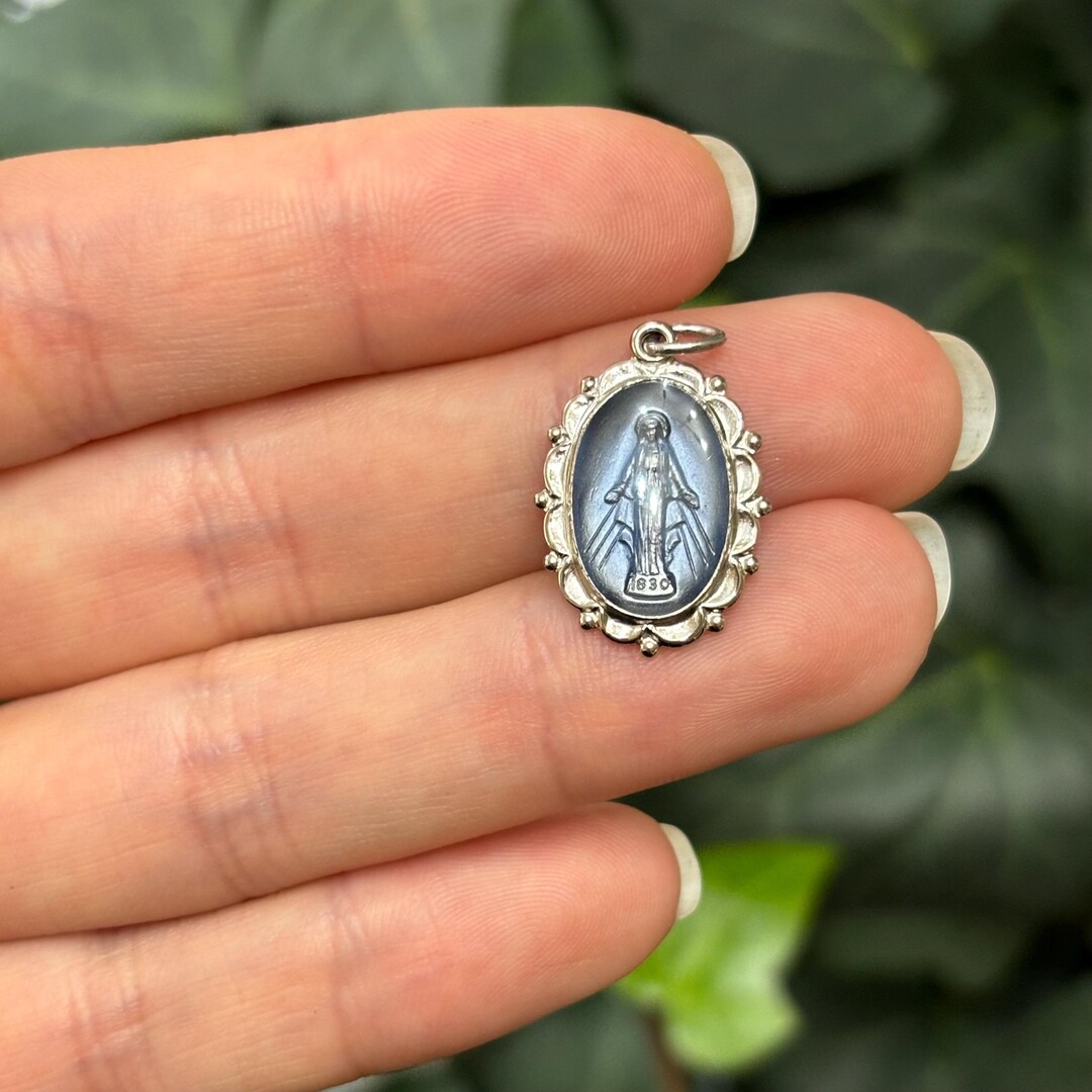 Sterling Silver Miraculous Medal Oval Blue Medal Charm Pendant - Etsy