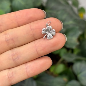 May include: A silver four-leaf clover charm pendant. The charm is detailed with textured leaves and a loop for attaching to a chain or bracelet.