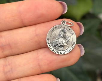 Pendentif médaille ronde Santa Lucia en argent sterling 19 mm Lucy espagnol