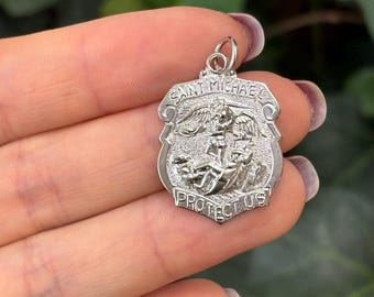Sterling Silver St Michael Badge Medal Pendant 28mm x 20mm