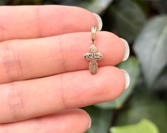 14k Gold Eastern Orthodox Cross Charm Pendant Mini Size