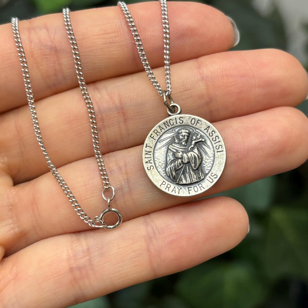 Sterling Silver St Francis of Assisi Round Medal Pendant Necklace 18mm ...