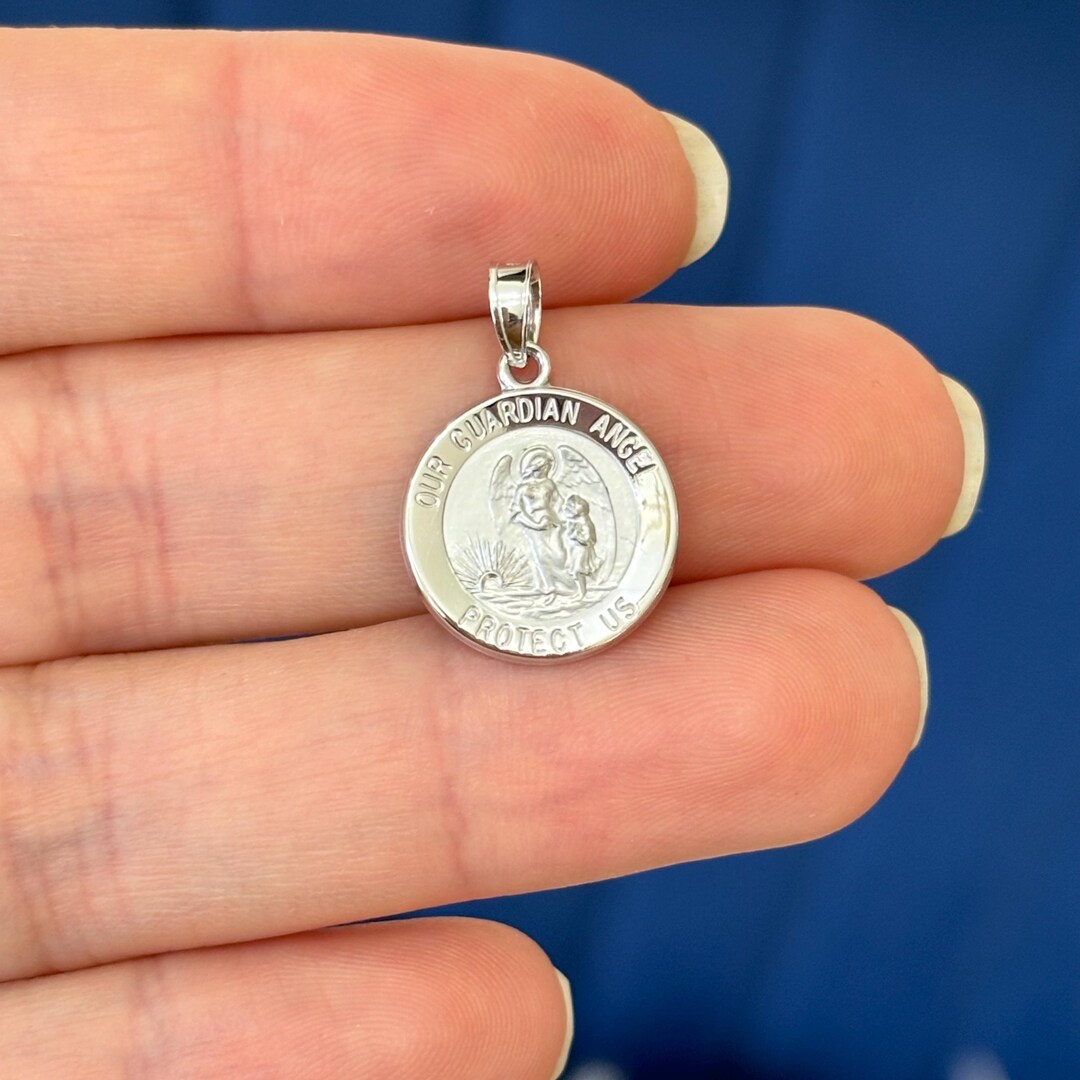14K White Gold Guardian Angel Round Medal - Etsy
