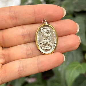 Sterling Silver St Michael Oval Medal Pendant Gold Vermeil
