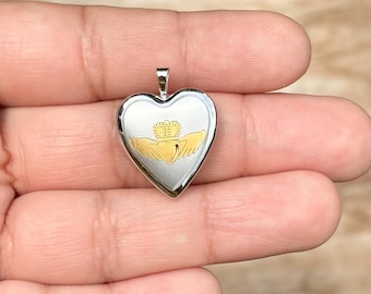 Sterling Silver and Gold-tone Satin and Polished Claddagh Heart Locket
